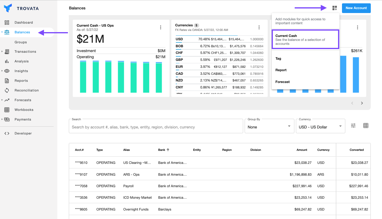 create current cash report in trovata 1