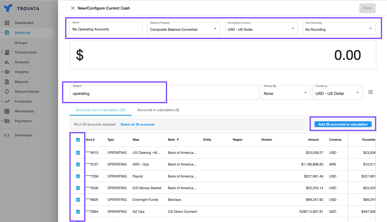 create current cash report in trovata 2