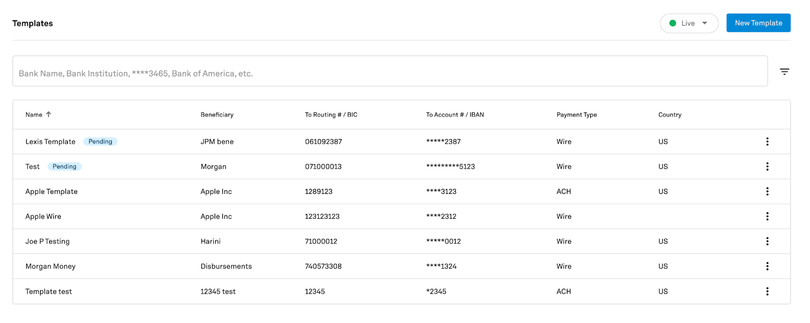 trovata payment templates